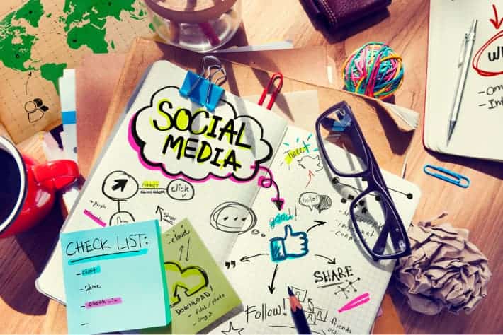 A desk filled with colourful social media ideas and checklists