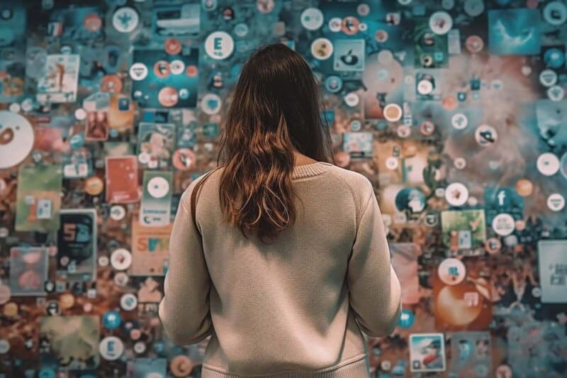A woman standing in front of a graphic containing dozens of icons