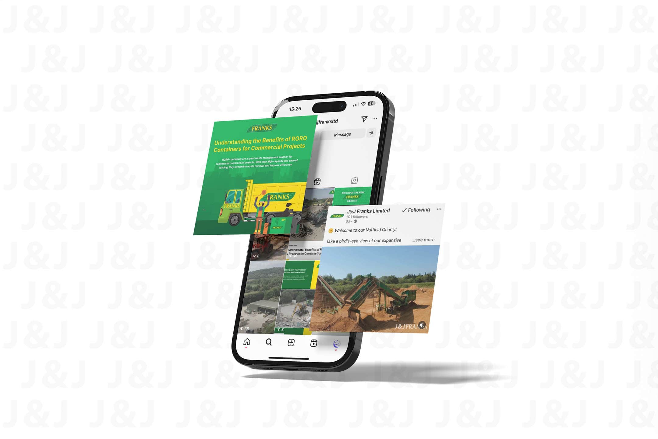 A smartphone displaying the J&J Franks Instagram feed, with two graphical overlays showcasing different posts