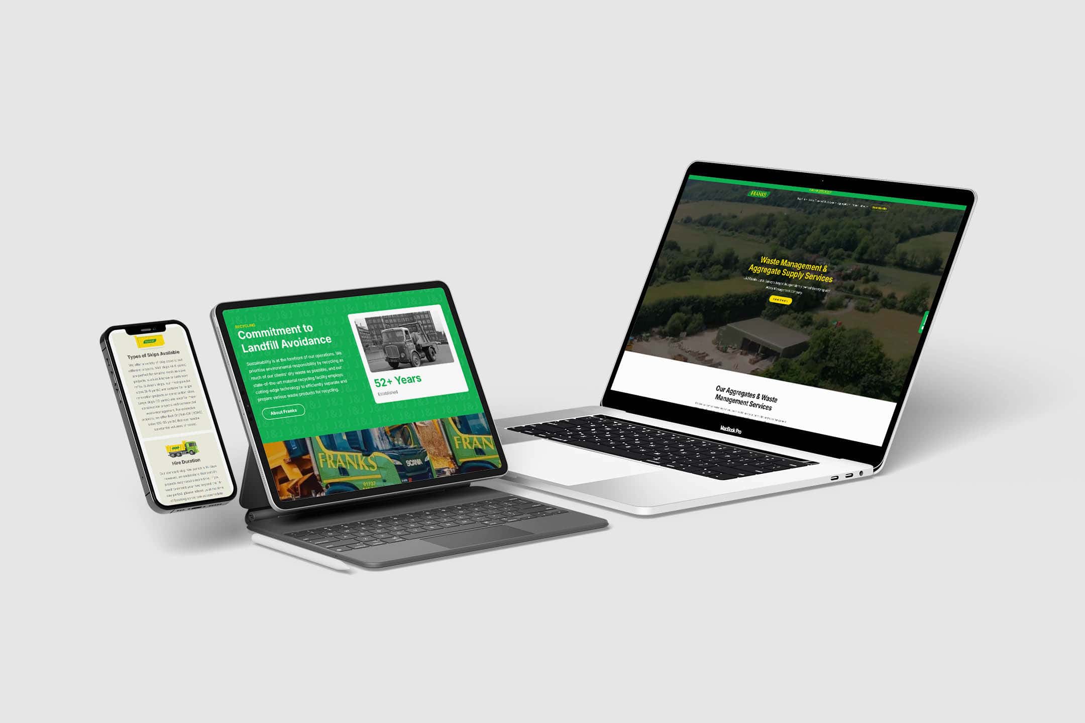 A smartphone, tablet, and laptop displaying different sections of the J&J Franks website