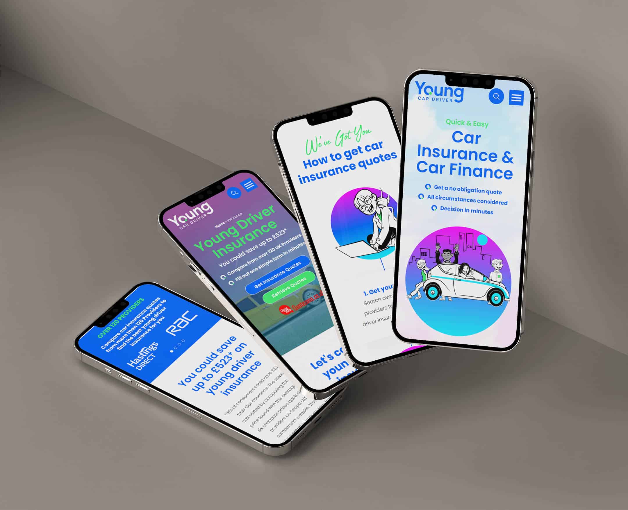 Four smartphones each displaying a different part of the Young Car Driver website